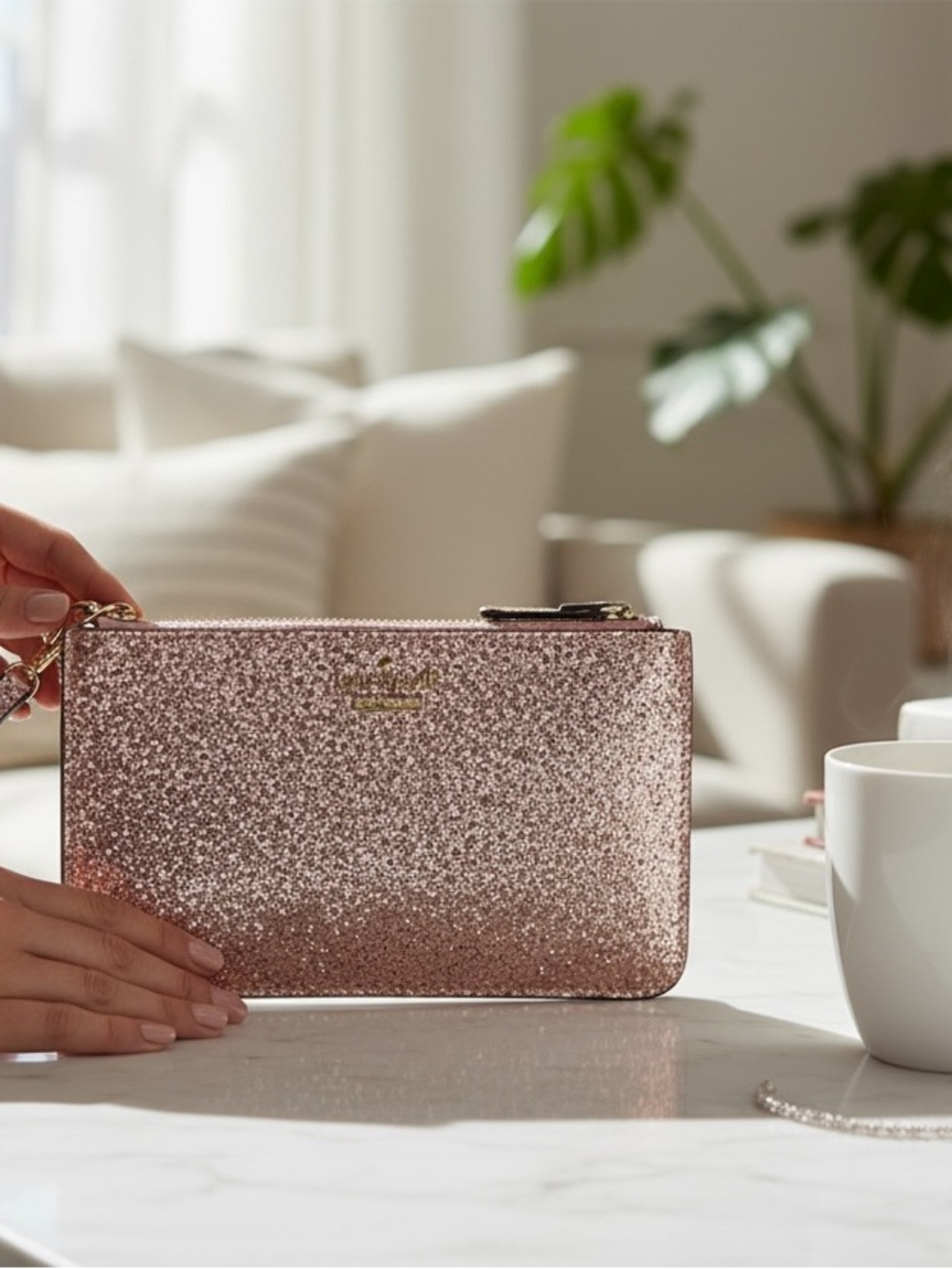 kate spade Rose Gold Glitter Wristlet Clutch -Slim Bee Glitter Bug